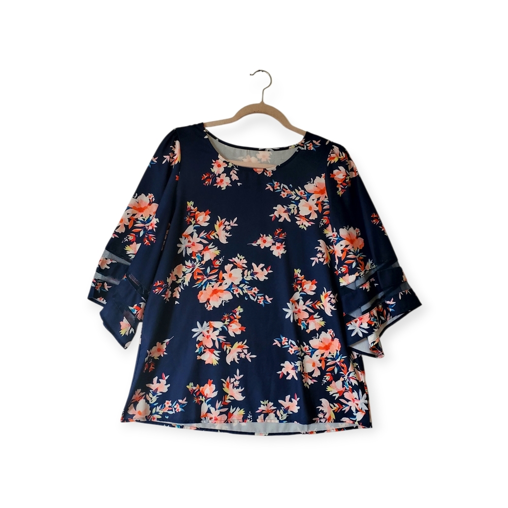 Womens Blue Floral Plus Size Medium Blouse Sheer Panels‎